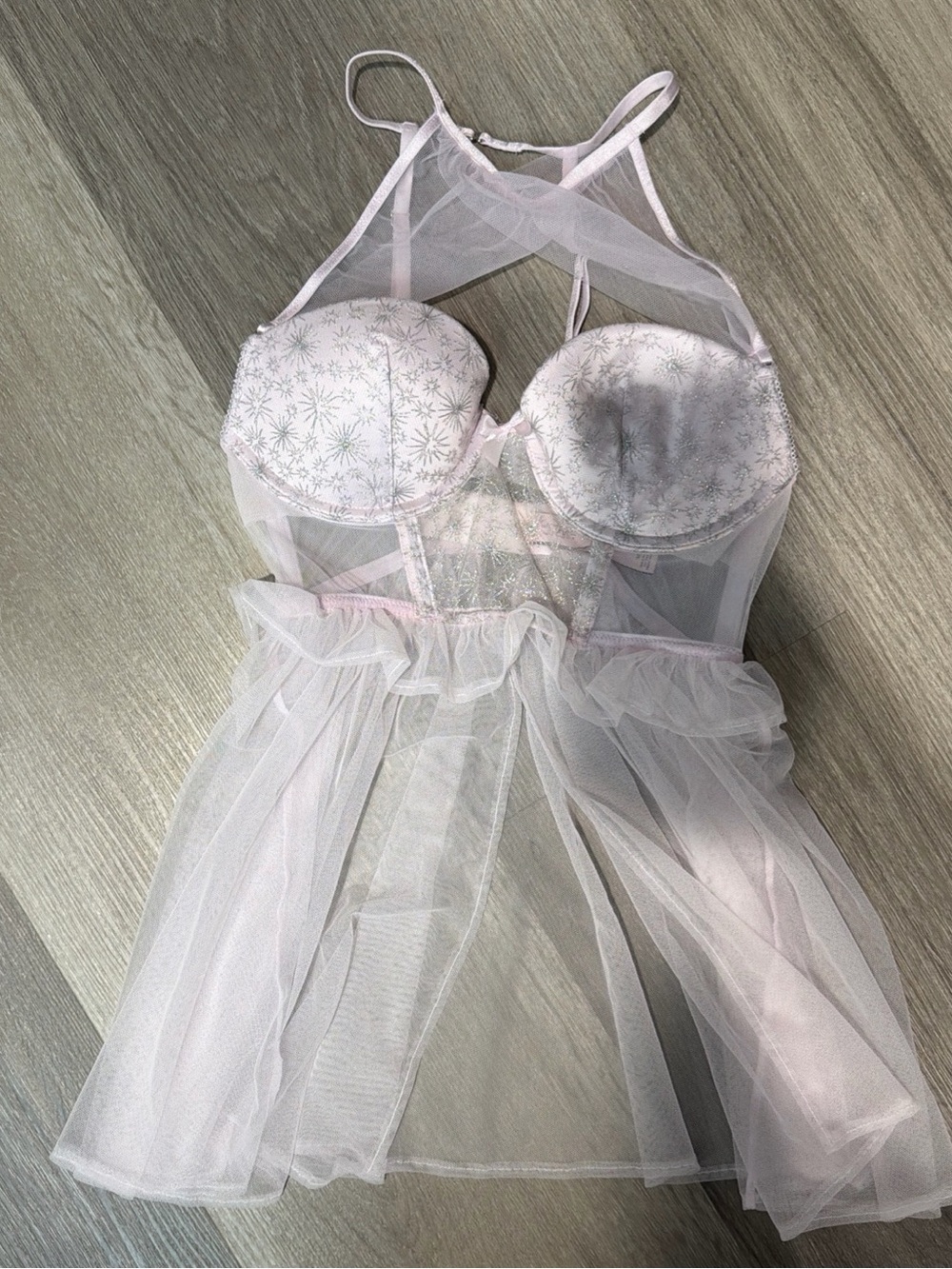 Victoria's Secret Pale Pink Sheer Lace Babydoll Chemise high neck 34B NWOT